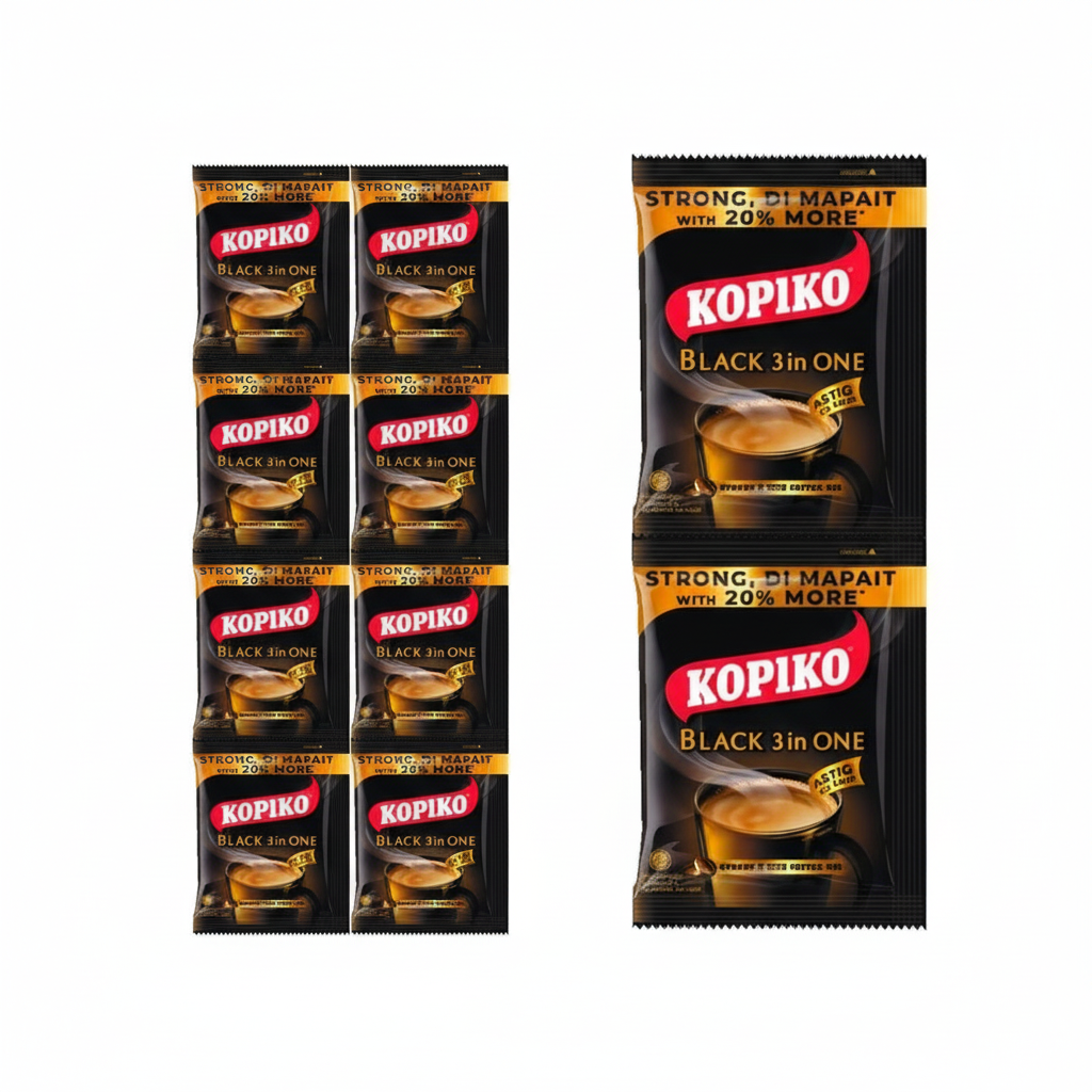 Kopiko Black 3 in One coffee packaging on a white background