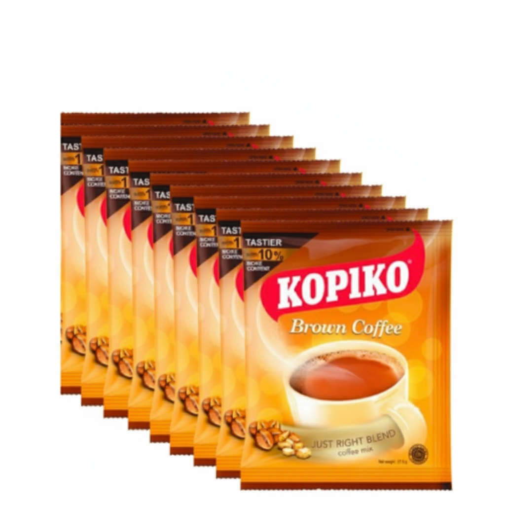 Multiple packages of Kopiko Brown Coffee on a white background