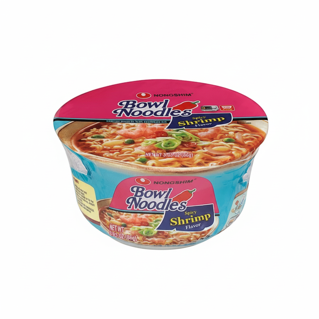 Nongshim Bowl Noodles with Shrimp flavor packaging on a white background