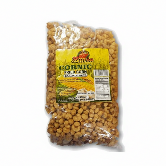 Packaged corn snacks with Lucia brand label on a white background
