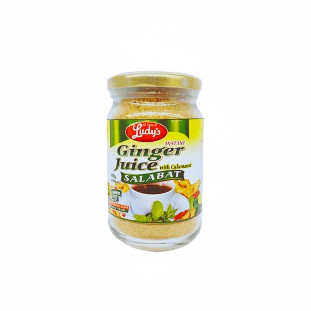 Jar of Ludy's Ginger Juice with Calamansi on a white background