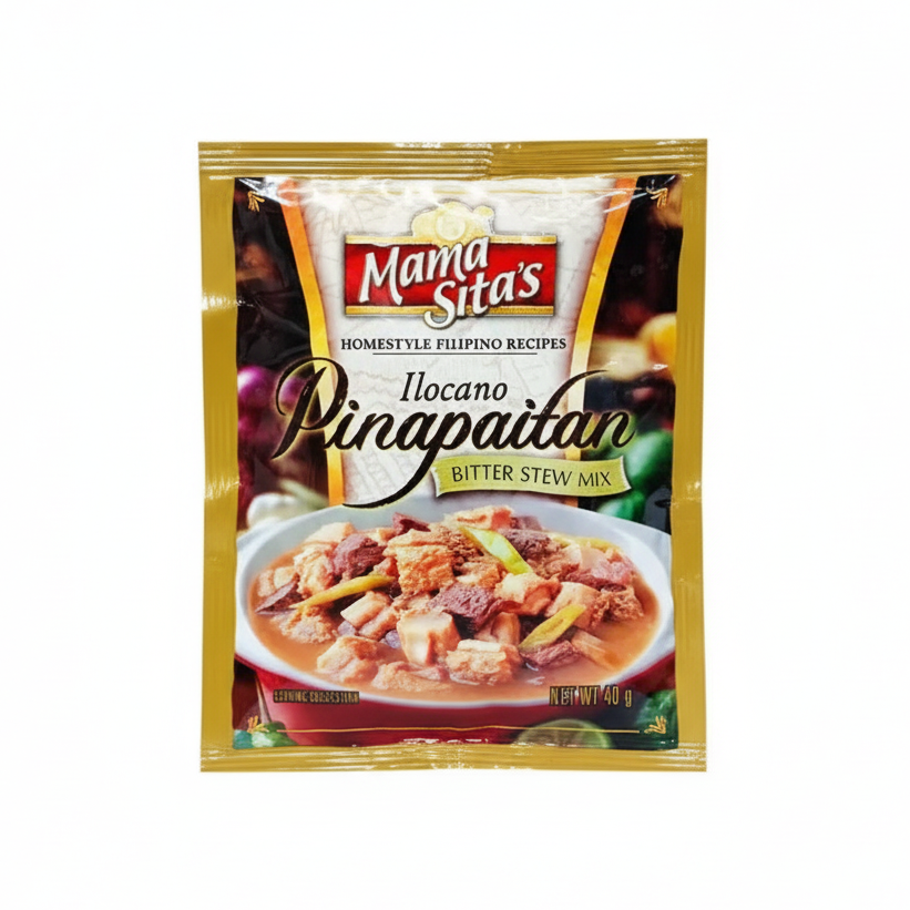 Mama Sita's Ilocano Pinapaitan Bitter Stew Mix packaging with a bowl of stew on a white background.