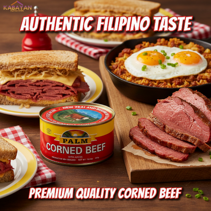 Can of Palm Corned Beef with a colorful label on a white background