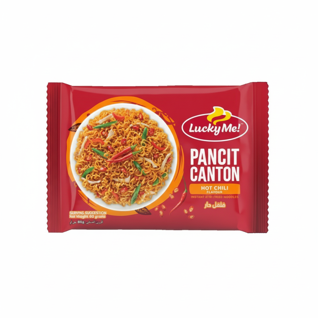 Lucky Me! Pancit Canton Hot Chili flavor package on a white background