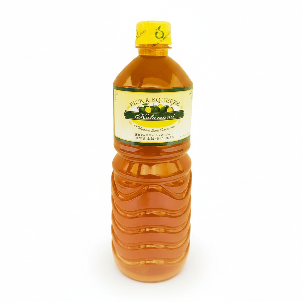 Bottle of Kalamansi juice with a yellow cap on a white background, featuring the My Filipino Store logo.