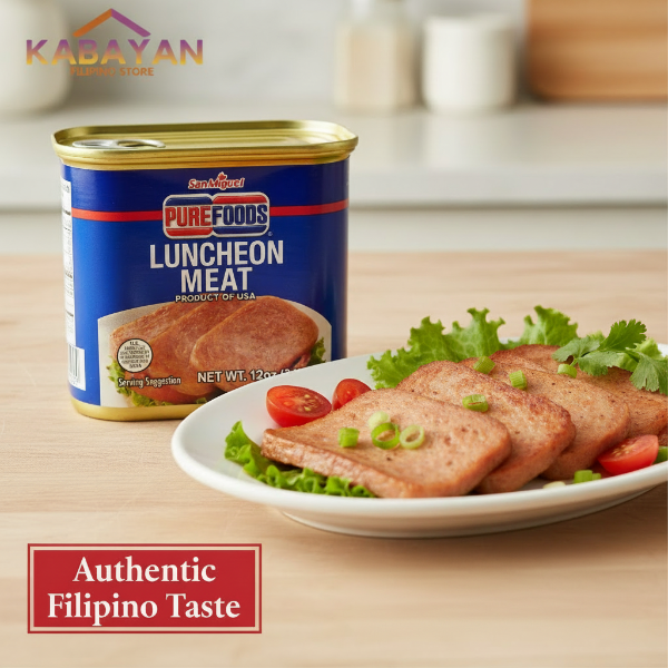 Can of San Miguel Purefoods Luncheon Meat with blue label and yellow lid on a white background