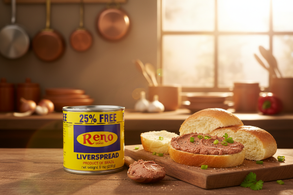 Can of Reno Brand Liverspread with '25% Free' label on a white background, featuring the Kabayan logo.