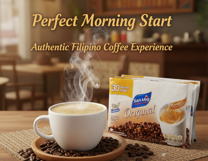 Pack of San Miguel Original instant coffee with visible branding on a white background