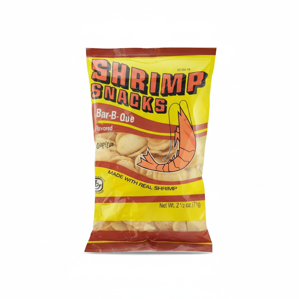 Bag of shrimp snacks with bar-b-que flavor on a white background