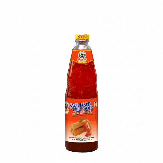 Bottle of sweetened chili sauce with a red label on a white background