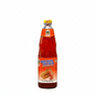 Bottle of sweetened chili sauce with a red label on a white background