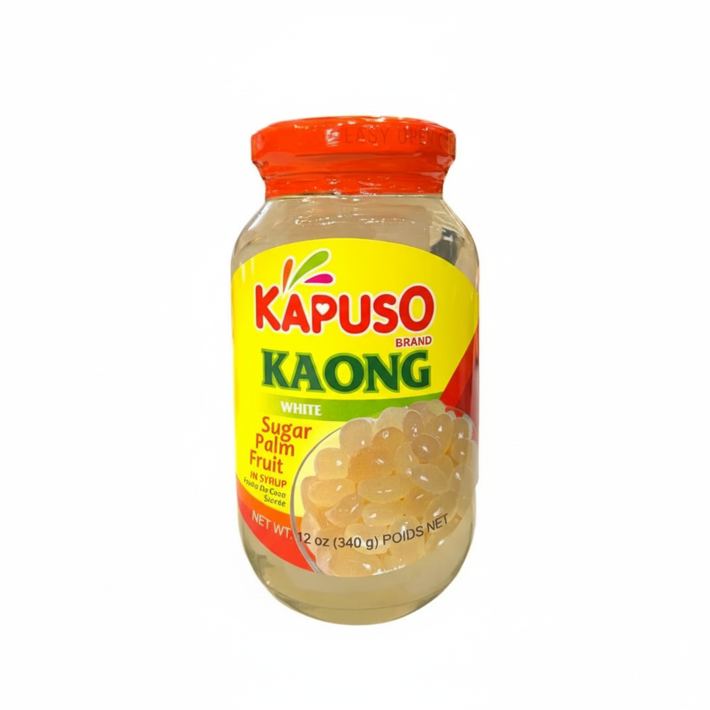 Jar of Kapuso brand Kaong white sugar palm fruit in syrup on a white background