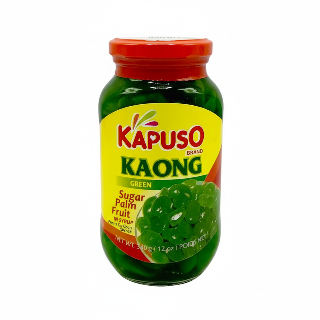 Kapuso brand Kaong green sugar palm fruit jar on a white background
