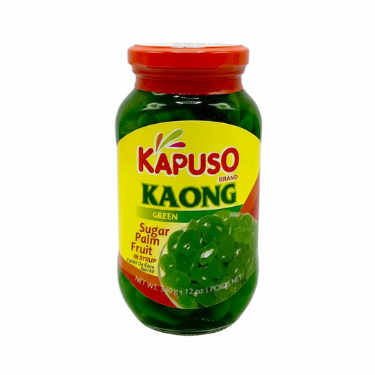 Kapuso brand Kaong green sugar palm fruit jar on a white background