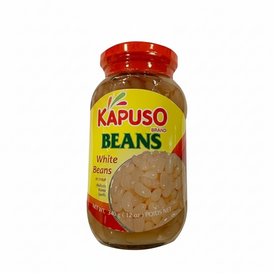 Jar of Kapuso brand white beans on a white background