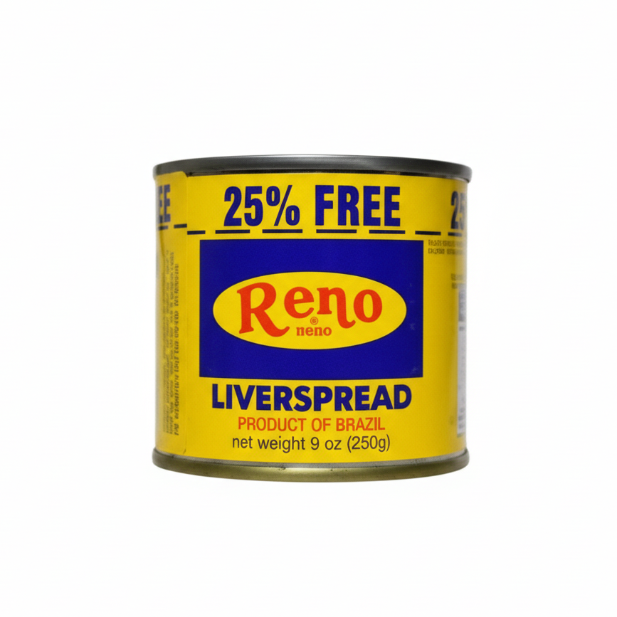 Can of Reno Liverspread with a yellow label and blue text on a white background.
