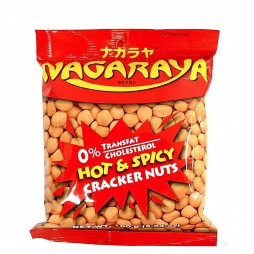 Bag of Nagaraya hot and spicy cracker nuts with red packaging on a white background