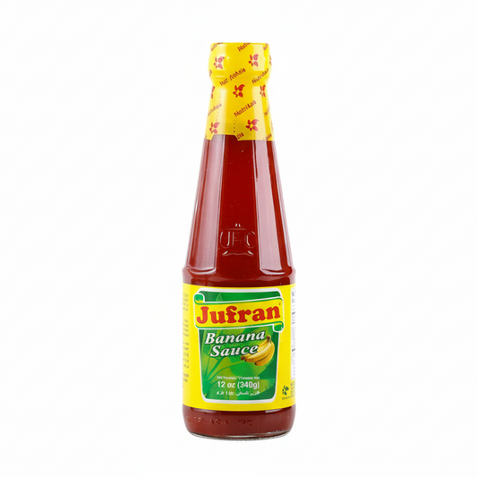 Bottle of Jufran Banana Sauce on a white background