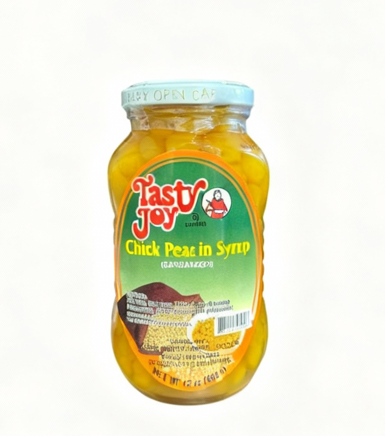 Jar of Tasty Joy Chick Peas in Syrup on a white background