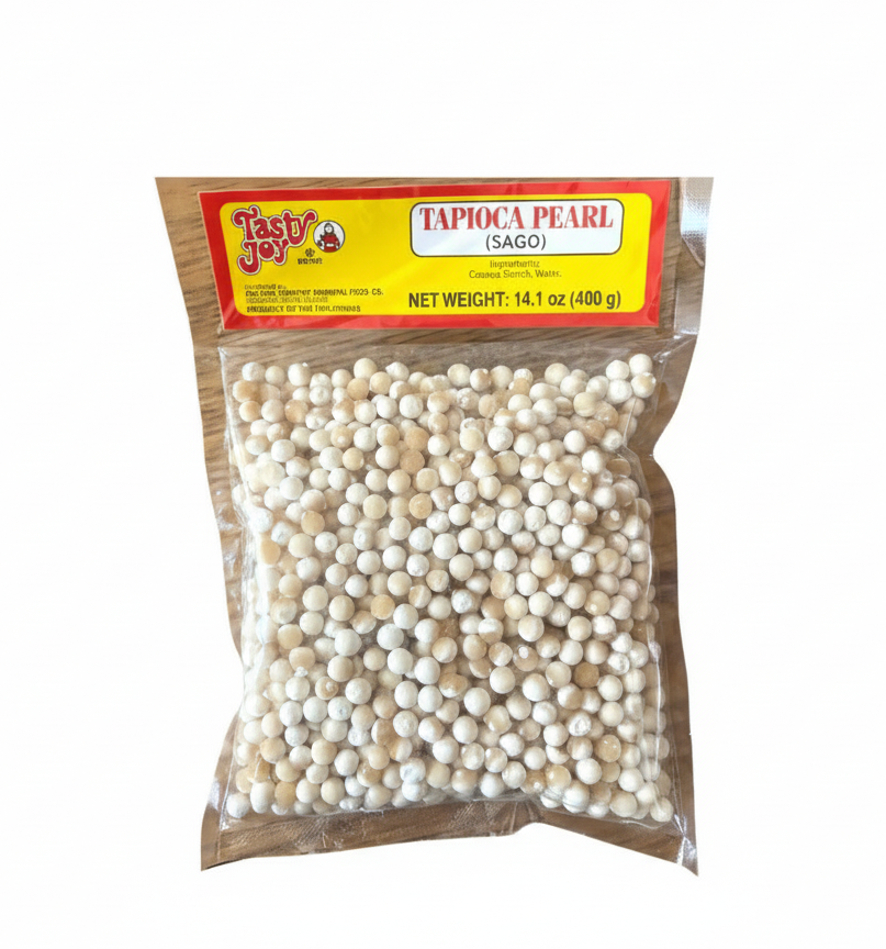 Bag of tapioca pearls with a visible brand label on a white background
