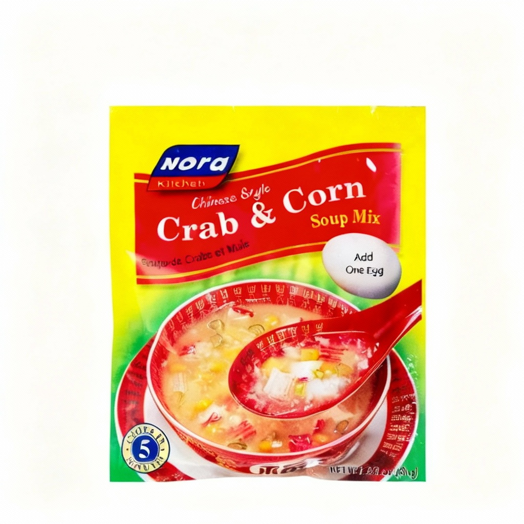 Nora Kitchen Chinese Style Crab & Corn Soup Mix packaging on a white background