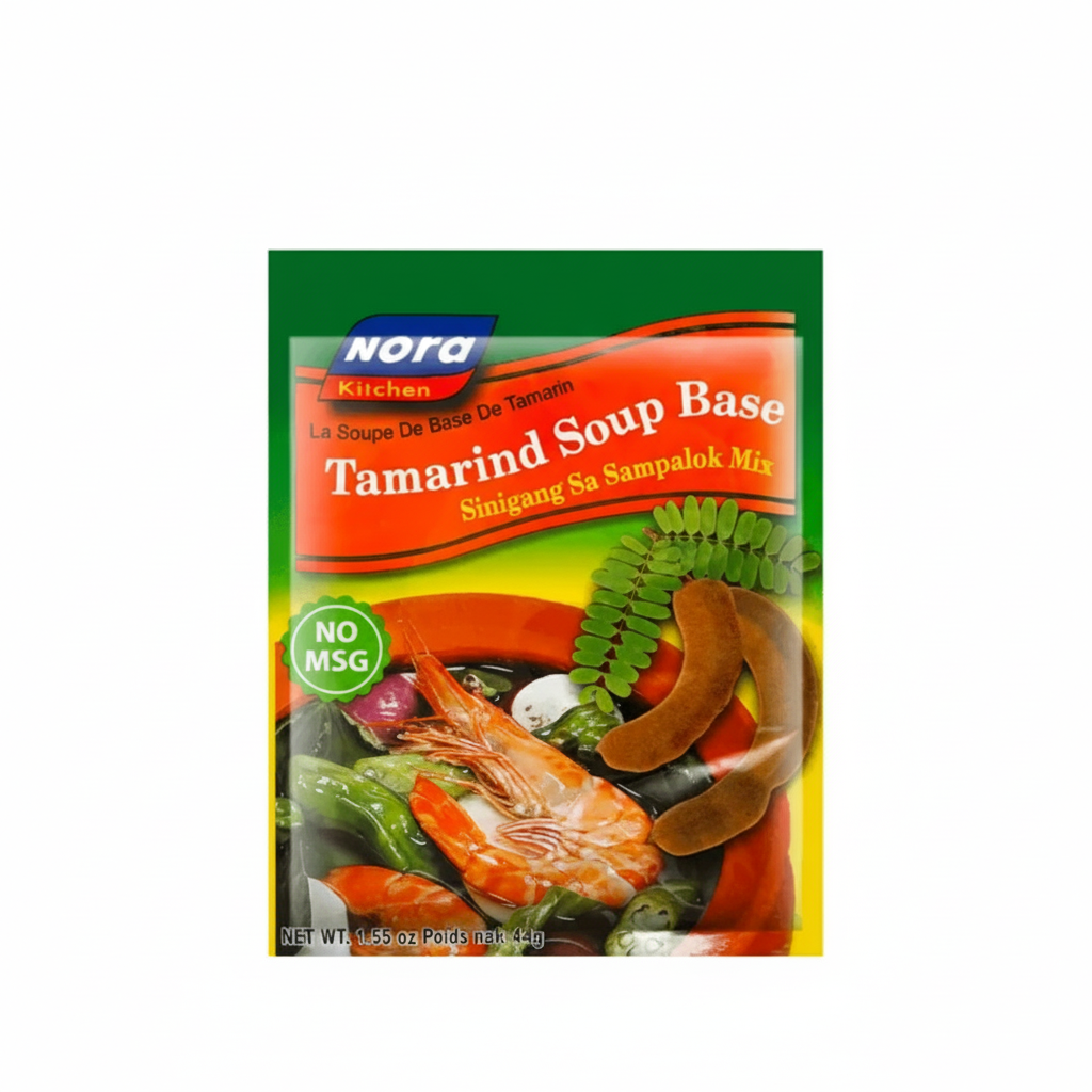 Nora Tamarind Soup Base packaging with shrimp and vegetables on a white background