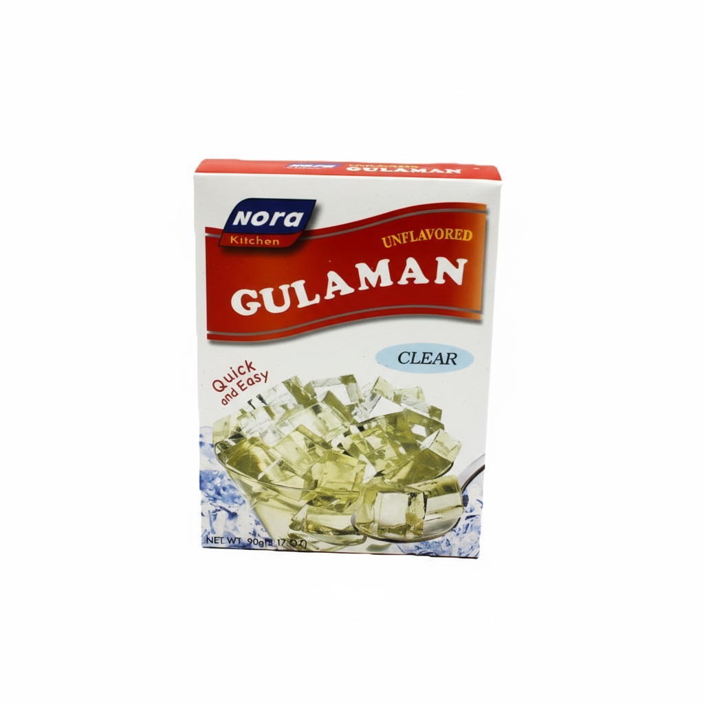 Box of Nora Gulaman unflavored clear gelatin on a white background