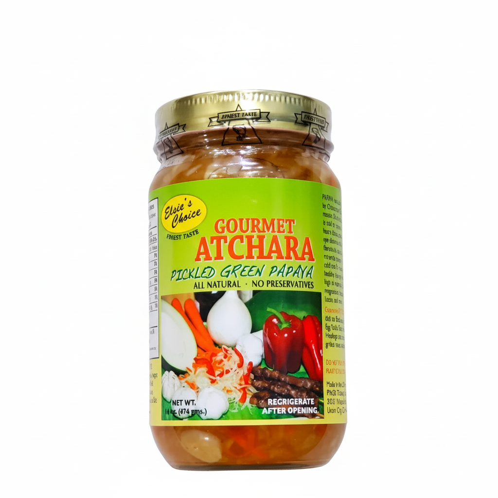 Jar of Gourmet Atchara with a colorful label on a white background