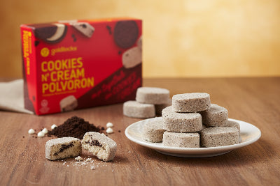 Goldbears Cookies 'N' Cream Polvoron packaging with individual cookies on a white tray