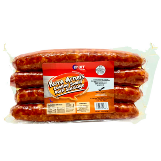 Packaged Ruya Arnel's cooked sweet pork sausages with a visible brand label on a white background.